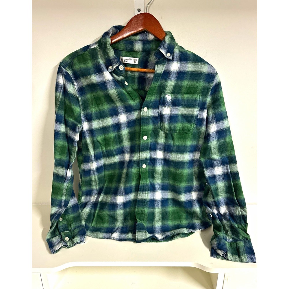 Abercrombie Kids Boys Plaid Button-Down Long Sleeve Green/Blue Flannel 15/16